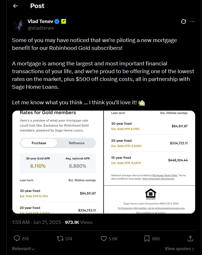 Vlad Tenev tweet announcing Robinhood Gold mortgage benefit — Jun 21, 2025